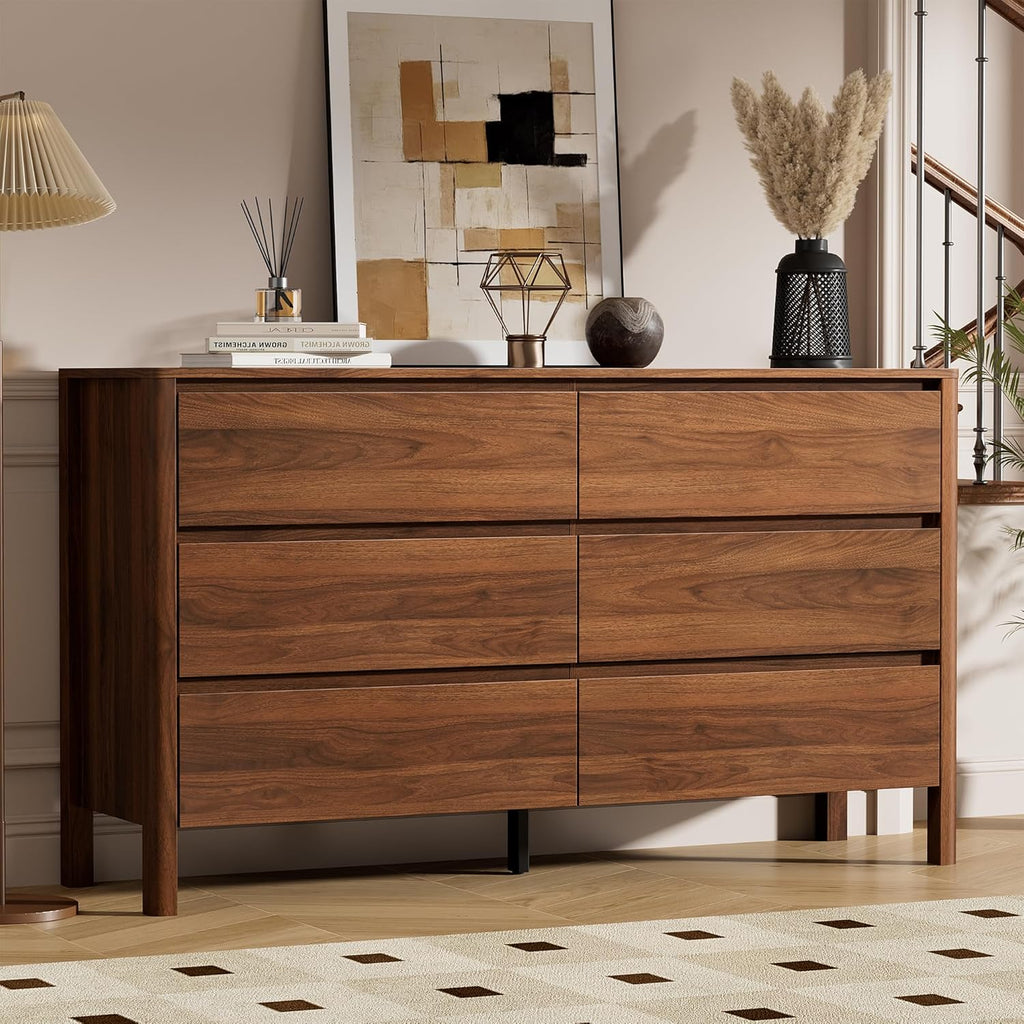 55" Mid-Century Modern Dresser , 6 Drawer Wide Chest of Drawers with Wood Legs, Large Storage Bedroom Dresser, Walnut