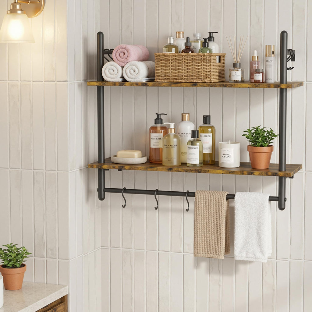 31.5" Industrial Pipe Floating Shelf with Towel Bar & Hooks
