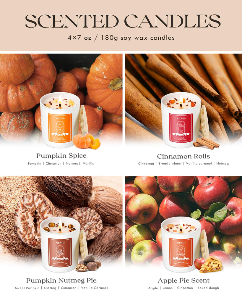 Fall Candles Set for Women - Aromatherapy Candle with Crystals Inside, 28 oz 200 Hour Long Lasting, 4 Pack Candles