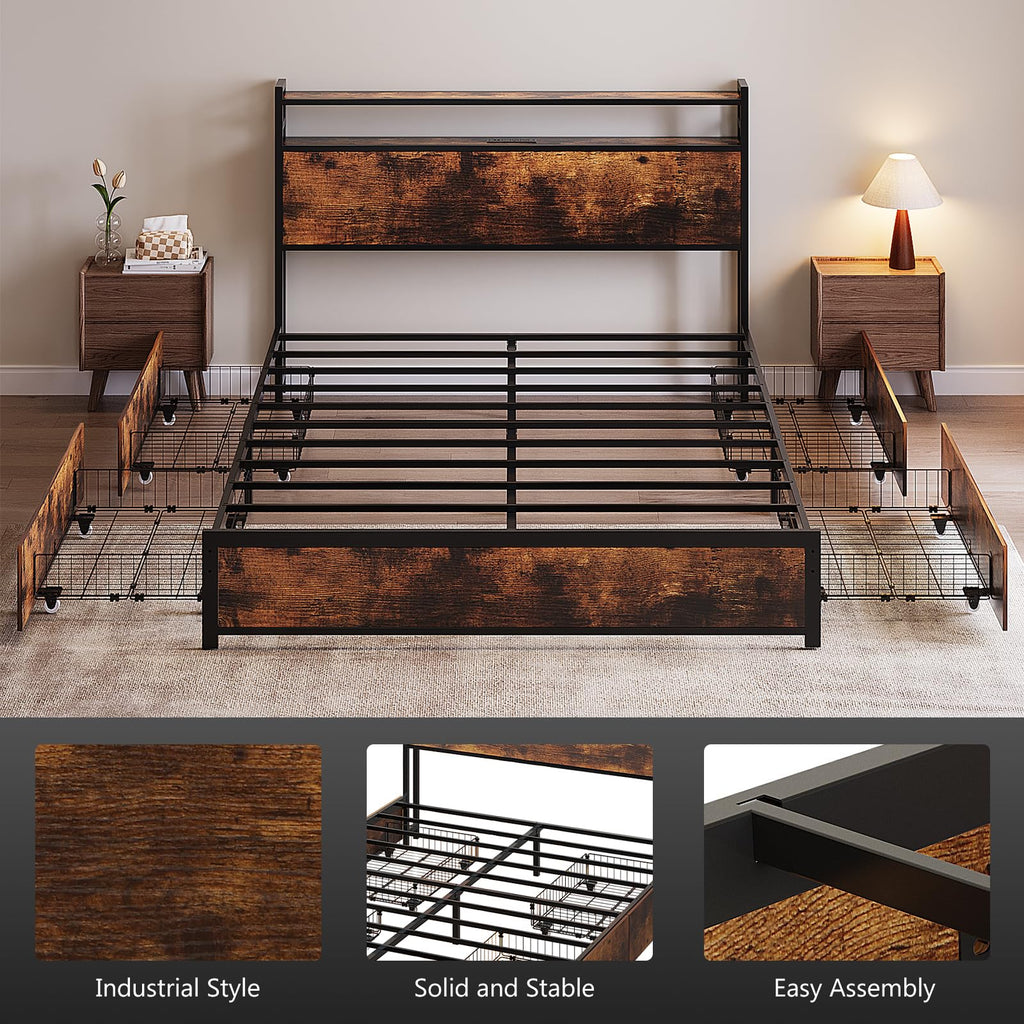 King Bed Frame with 4 Storage Drawers and Adjustable Headboard Shelf, Metal Platform Captain Bed with Charging