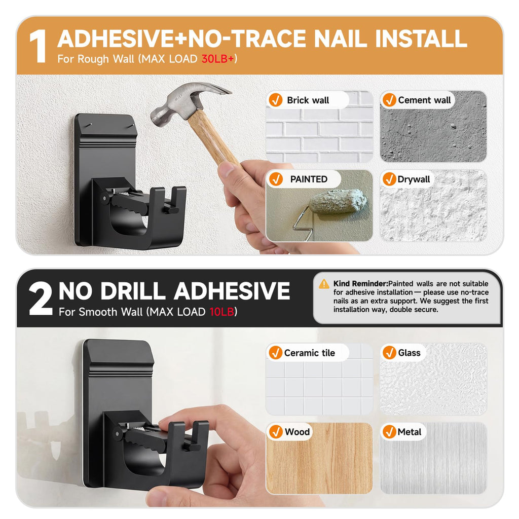 Universal Heavy Duty Curtain Rod Brackets, No Drill Curtain Rod Brackets with Adhesive & Invisible Nail, 30+LB Load