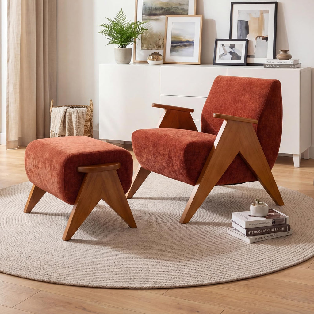 Linen Padded footstools Mid Century Modern Ottoman with Wood Frame, Lounge Upholstered Ottoman, Reading Chair, Sturdy