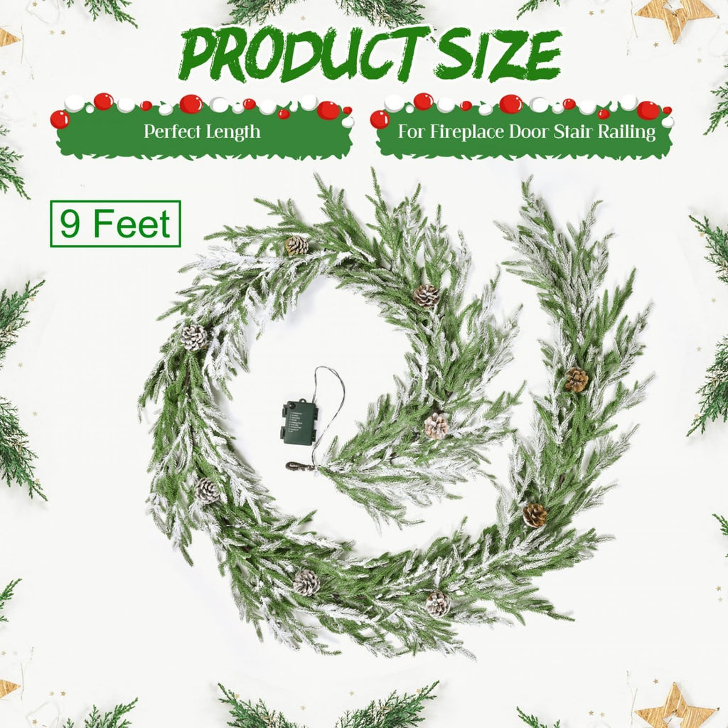 9 FT Flocked Norfolk Pine Garland Christmas Garland with Lights
