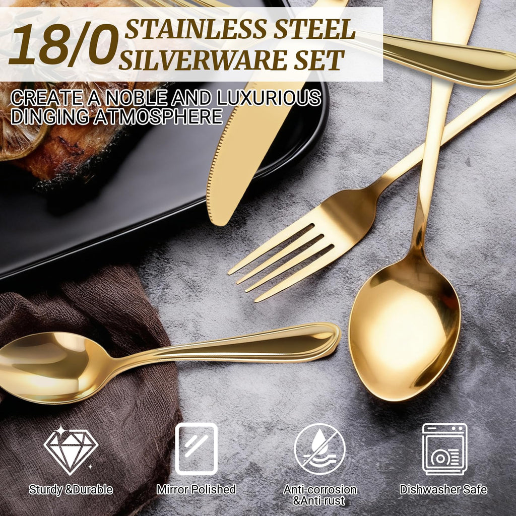 Gold Silverware Set for 8, 18/0 Premium Stainless Steel Flatware Set, Heavy Duty and Modern Design Cutlery Set, Mirror