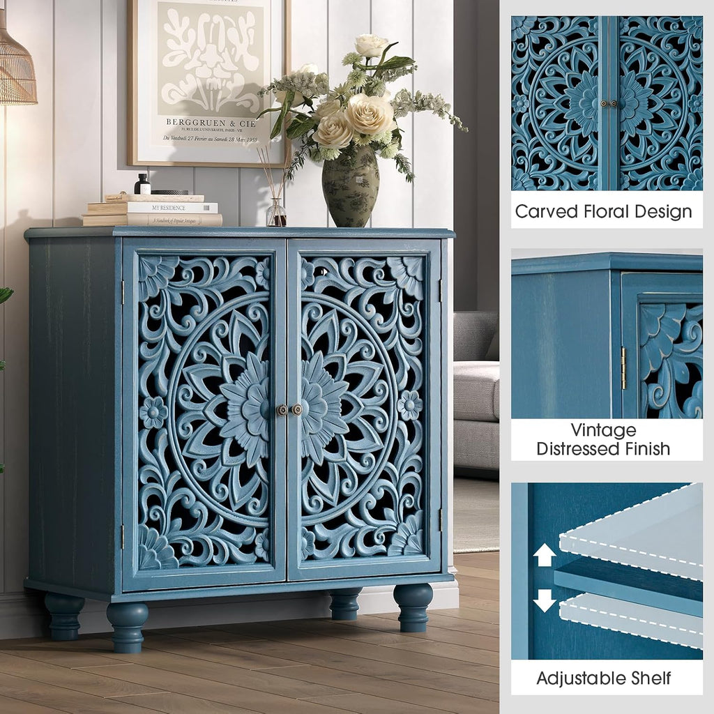 31" Accent Storage Cabinet with Carved Doors,Mandala Blue | Carved Floral Design, Solid Wood Legs, Versatile Storage