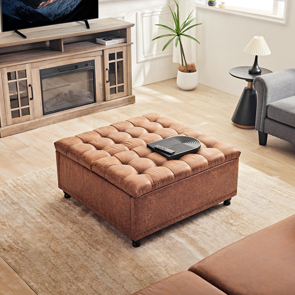 35 Inch Large Square Storage Ottoman, Coffee Table Ottoman, Faux