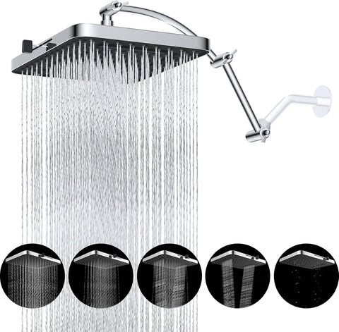 Rain Shower Head, 13'' High Pressure Rainfall Square 5 Spray Mode Showerhead with 16" Shower Head Extension Arm