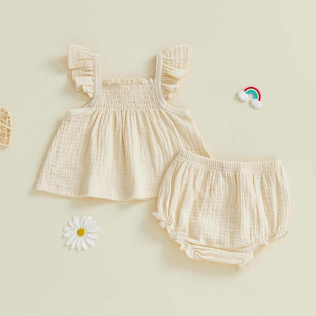 Baby Girl Summer Clothes Cute Basic Plain Cotton Linen Ruffle Tops Dress Shorts Outfits Set Shirt Princess Outfit