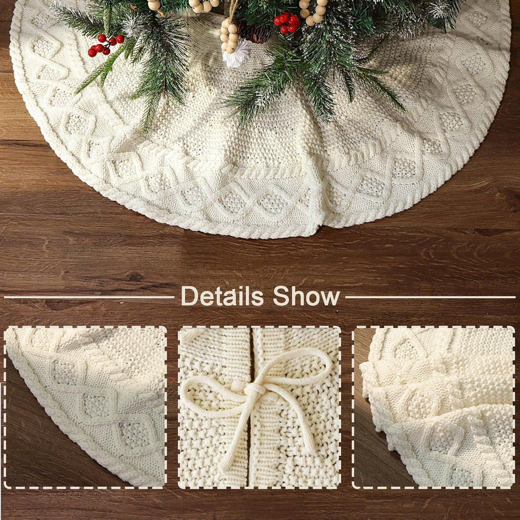 36 inch Christmas Tree Skirt: Pencil Tree Skirt for 6ft Tree, Diamond Edge Knit Cream White Small Tree Skirt, Vintage