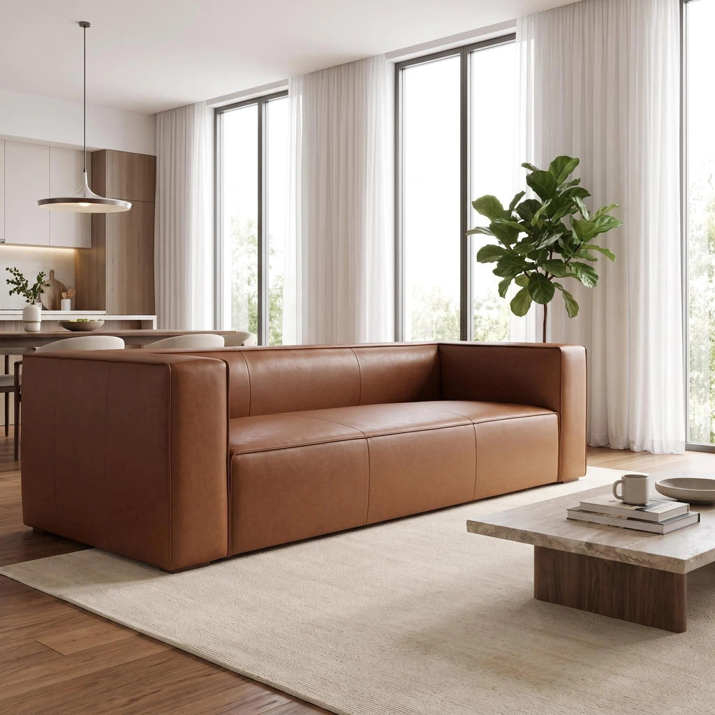 90.94-Inch Cognac Tan Faux Leather Sofa, Large 3-Seater Couch