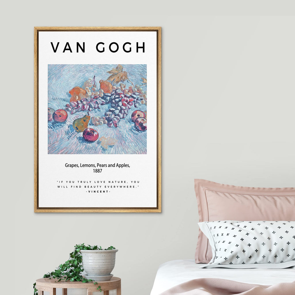 Framed Canvas Print Wall Art Grapes, Lemons, Pears and Apples Van Gogh Botanical Brushstroke Illustrations Fine Art