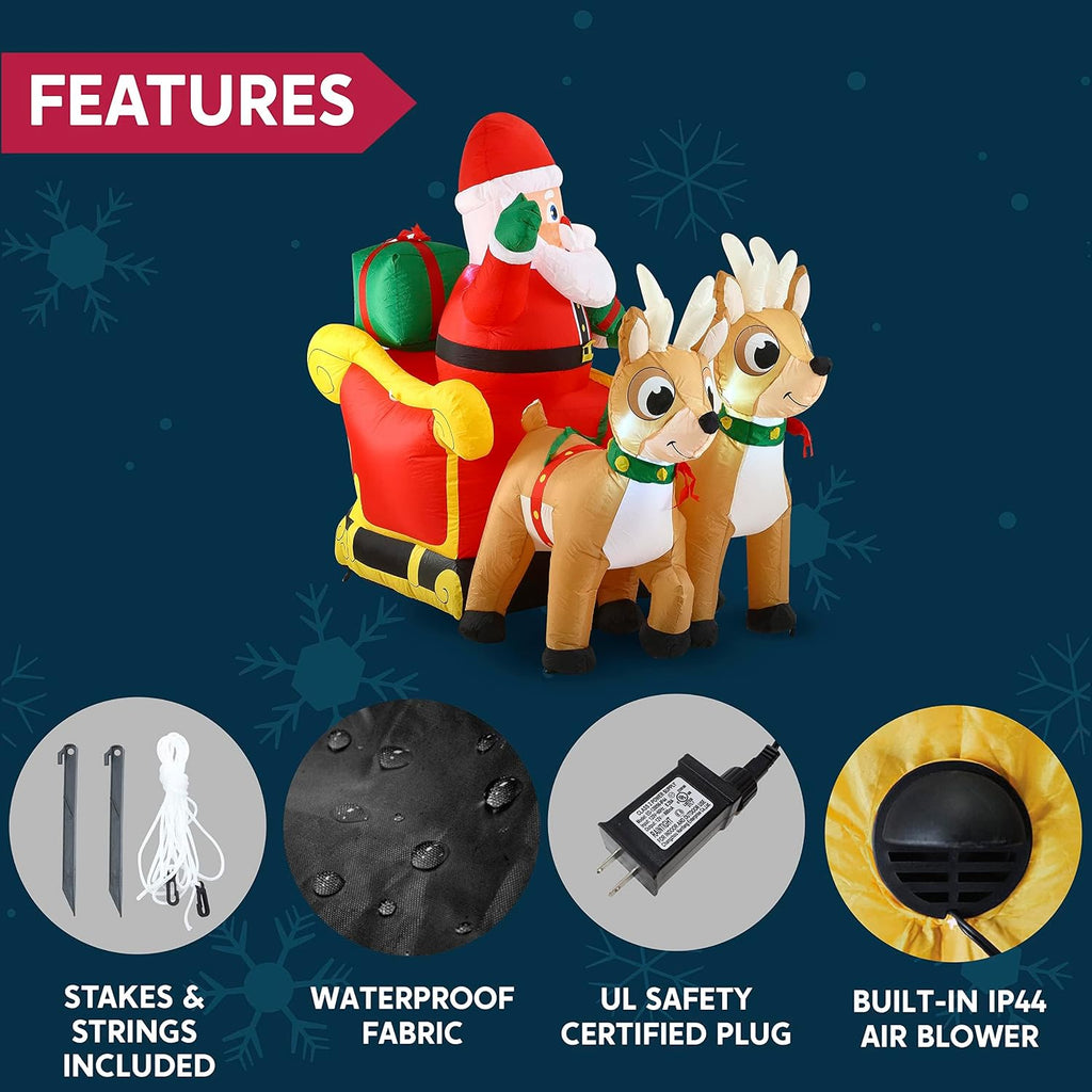 6 FT Long Christmas Inflatable Santa on Sleigh with 2 Reindeer, Inflatable Christmas Yard Decorations with Build-in