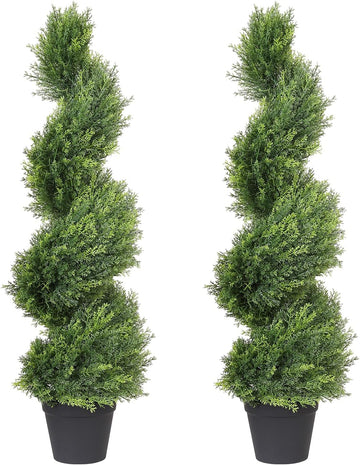 3ft Tall Spiral Topiary Trees Artificial Outdoor Set of 2 | UV Resistant Realistic Faux Cedar Cypress Fake Plants