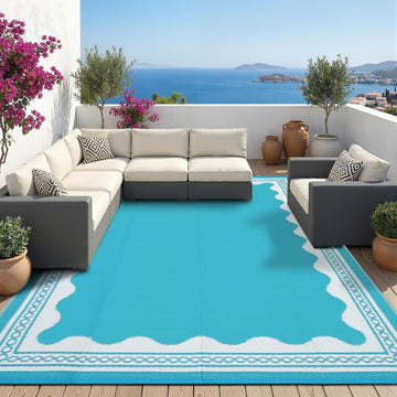 Outdoor Rug 8x10 Scalloped Waterproof Patio RV Outdoor Rugs Reversible Foldable Plastic Straw Rug Modern Camping