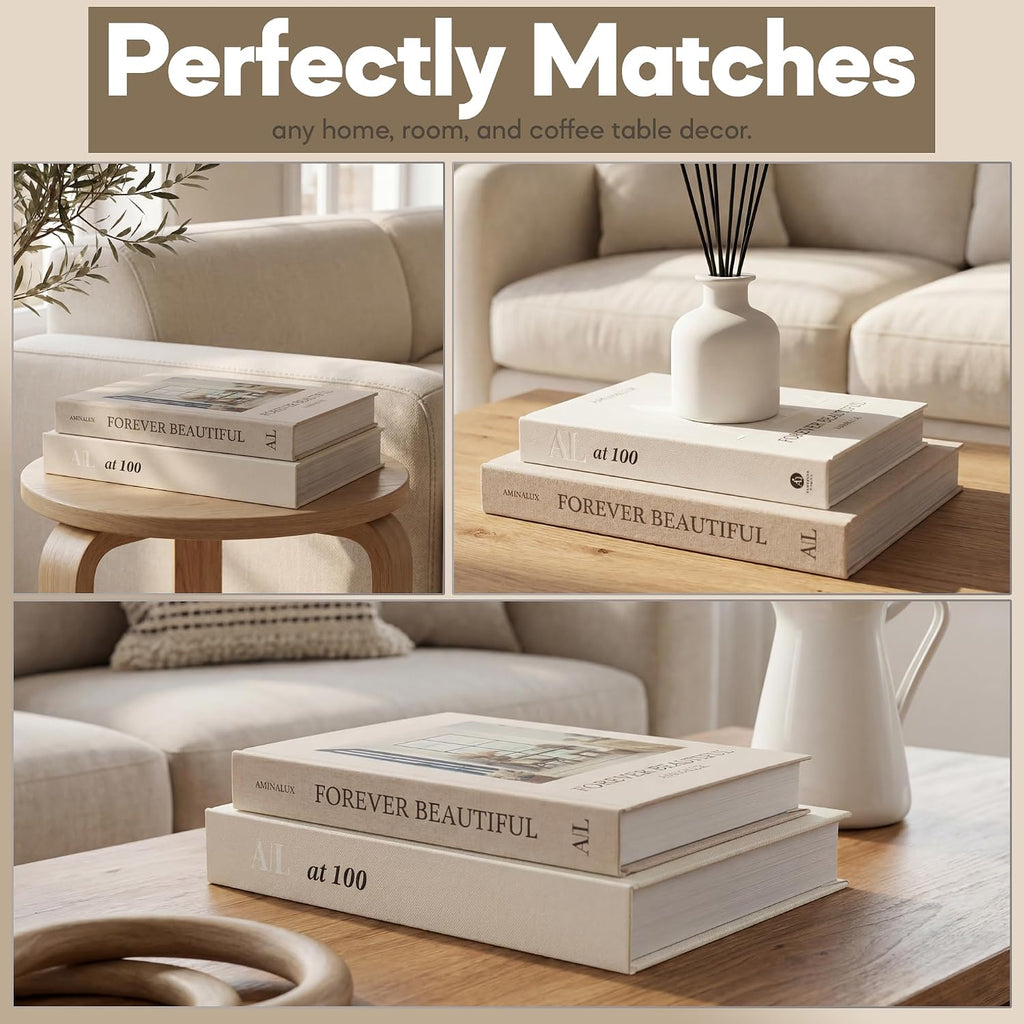 Decorative Books Decor with Storage - Set of 2 Faux Linen Book Boxes with Aesthetic Covers - Enhance Your Coffee
