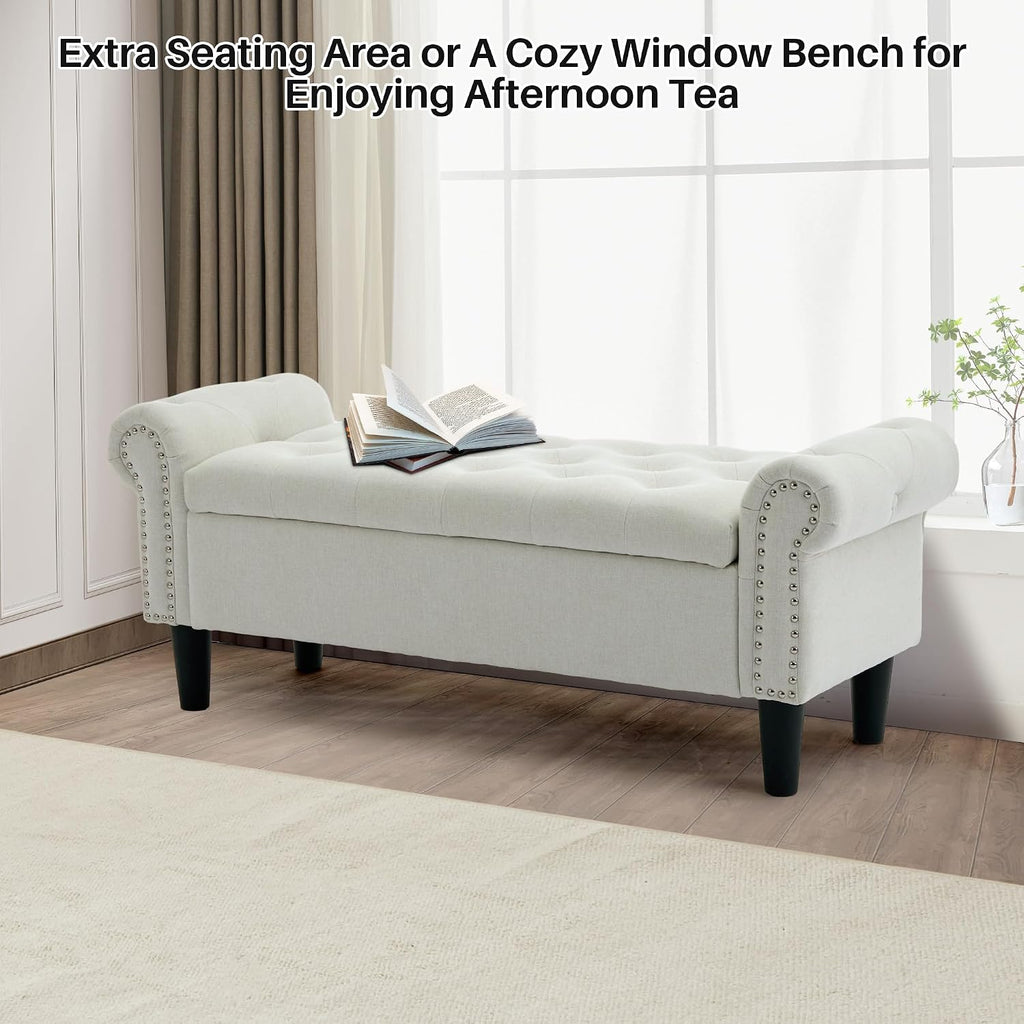 50" Storage Bench , Linen Upholstered, Beige | End of Bedroom Bed Bench Ottoman with Tufted Cushioned Rolled Arm