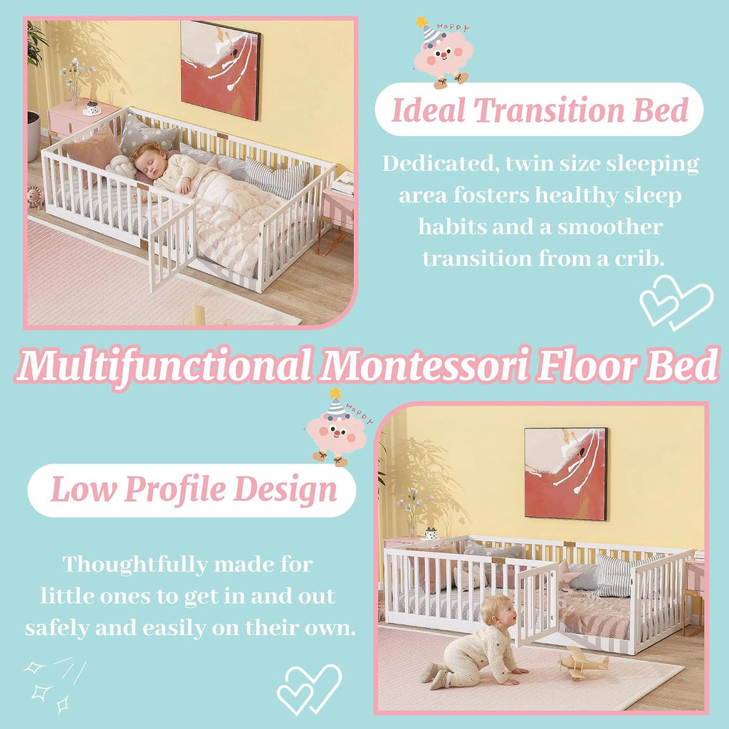 Montessori Floor Bed with High Rails, Door & Slats for Kids, White