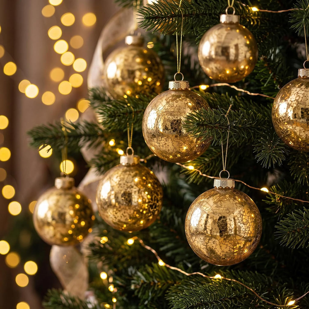 Gold Mercury Glass Christmas Ornaments, 3.15'' Vintage Xmas Hanging Baubles