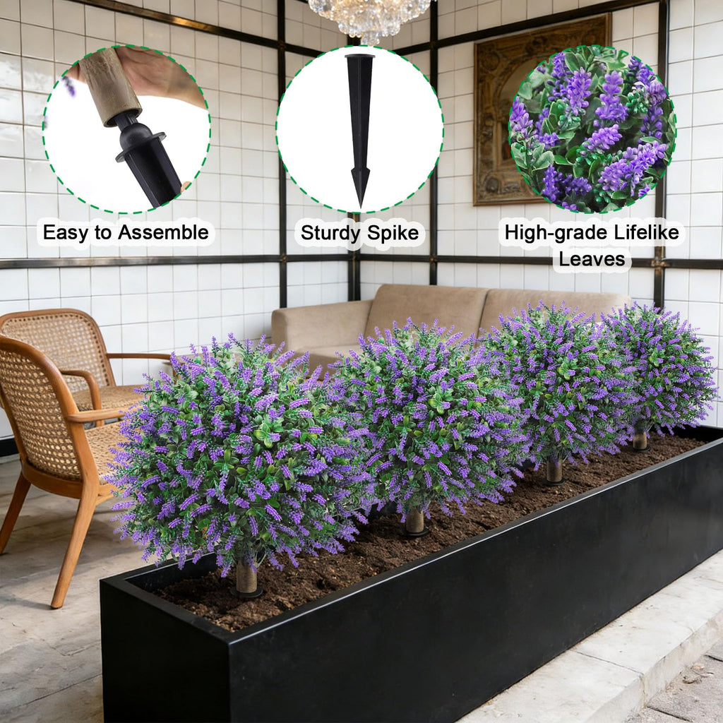 Artificial Lavender Topiary Ball Trees Outdoor, 2 Pack UV Resistant 24" Fake Plants with Grund Spike, Faux Shrubs