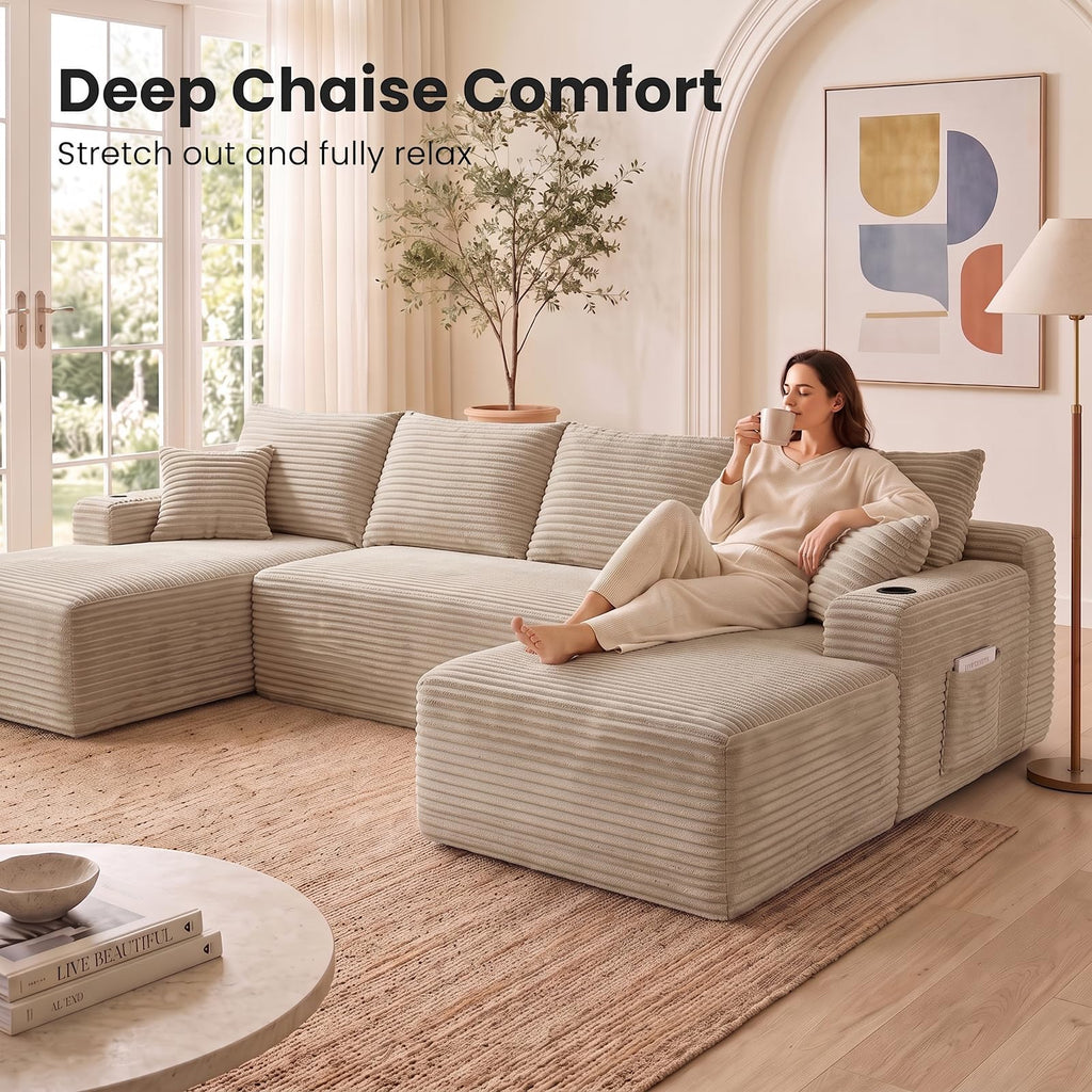 134" U Shaped Sectional Sofa with Double Chaise No Assembly Coffee