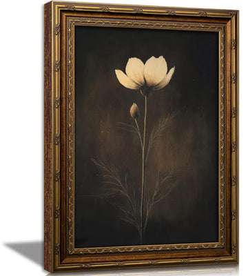 Vintage Gold Framed Dark Academia Flower Wall Art, Moody White Floral Canvas Print Poster, Retro Botanical Decor