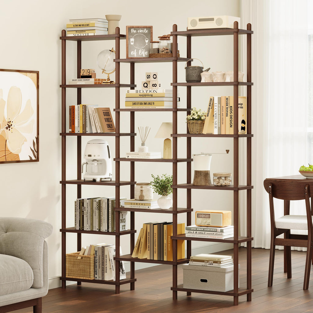 Wooden Triple Wide Bookshelf, 6-Tier Large Open Bookcase, Walnut