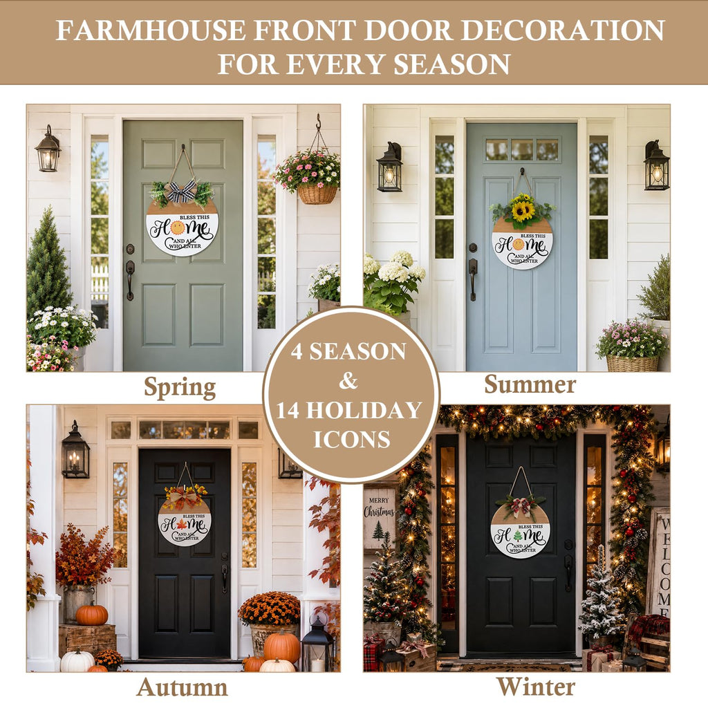 Interchangeable Welcome Sign for Front Door with 4 Seasonal Wreath and 14 Changeable Icons, Bless This Home for