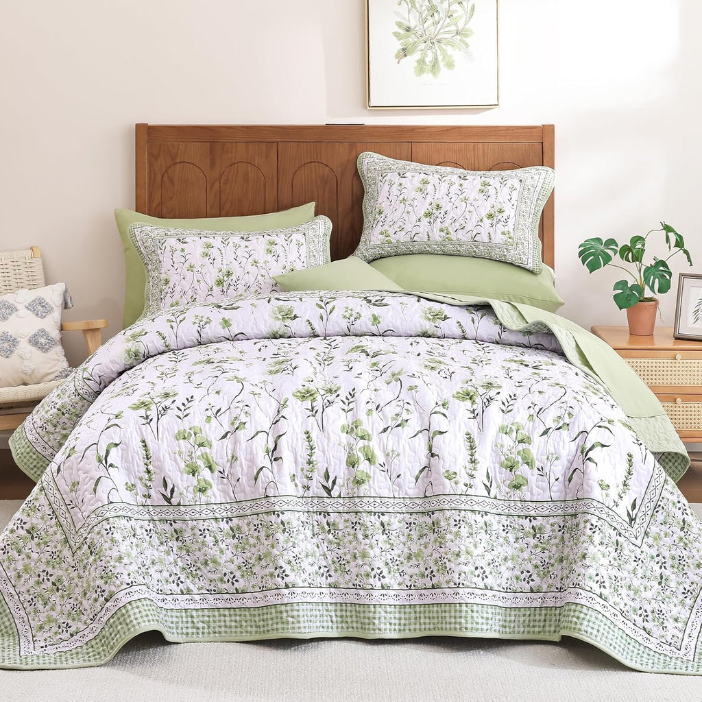 Floral Quilt Set King,Sage Green Bedspread Set with 2 Pillowcases, Microfiber Lightweight Flowers Botanical Coverlet