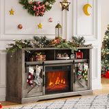 Farmhouse Fireplace TV Stand for TVs up to 65+ Inches, Entertainment Center with 23 Inch Electric Fireplace, Large Storage Console with Sliding Barn Door, Brown