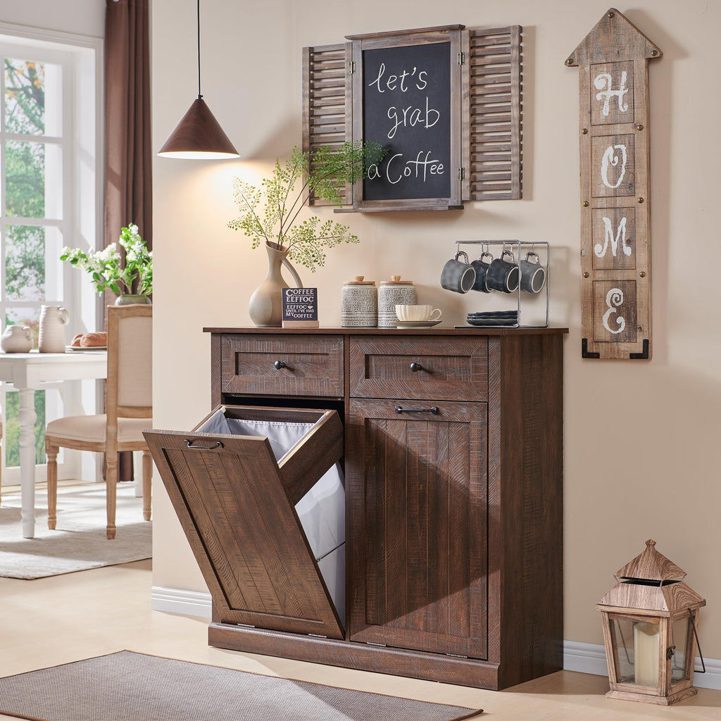 Double Tilt Out Laundry Hamper Cabinet, Trash Cabinet, Brown