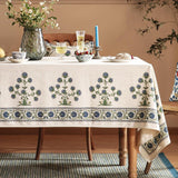 Designer Vintage Small Blue Rectangle Table Cloth,Linen Leaves Pattern Floral Tablecloth,Farmhouse F