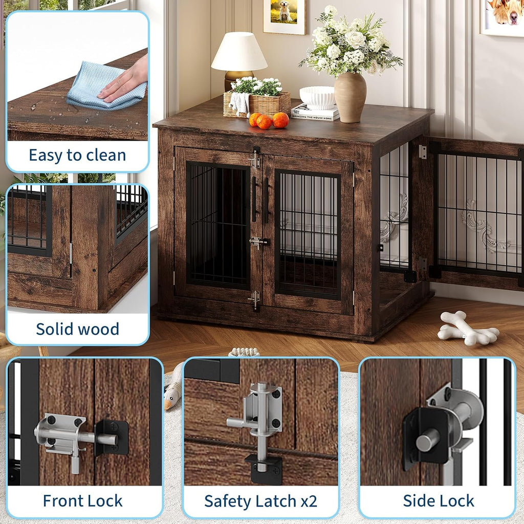 Medium Dog Crate Furniture Dual-Door, Wooden Dog Cage for Indoor Use, Dog Kennel for Small Medium Dogs