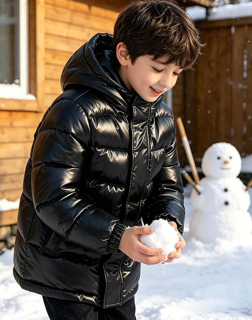 Boys Shiny Puffer Hooded Jacket Wash-Free Winter Coat
