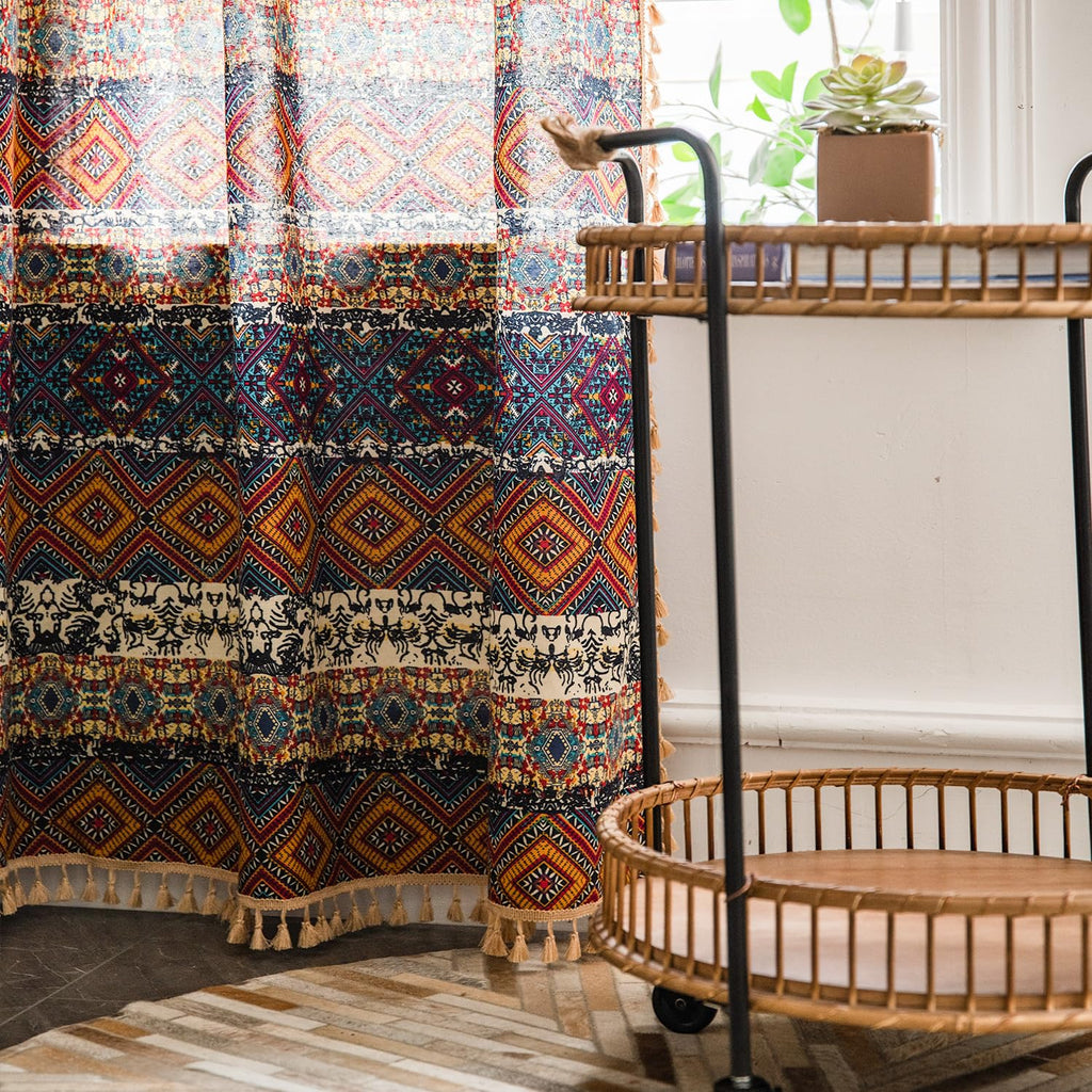 Boho Geometric Linen Textured Tassel Curtain, 59 x 63, 1 Panel
