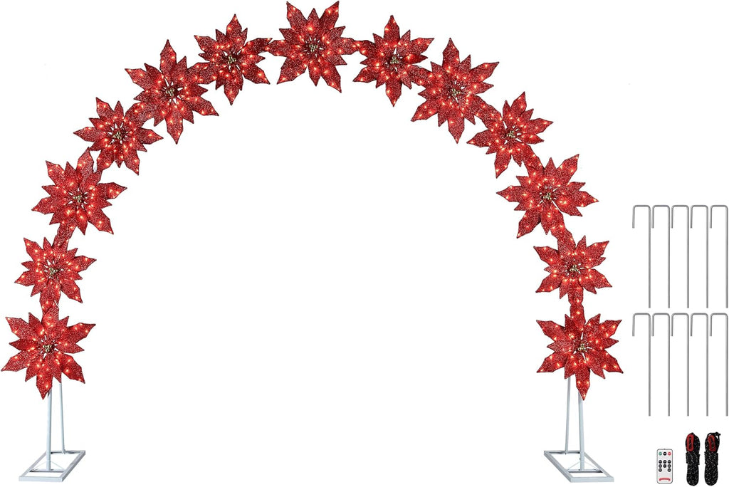 8.5 ft. Illuminated Poinsettia Arch with Warm White LED Lights, Outdoor Christmas Archway Decoration, Holiday Display