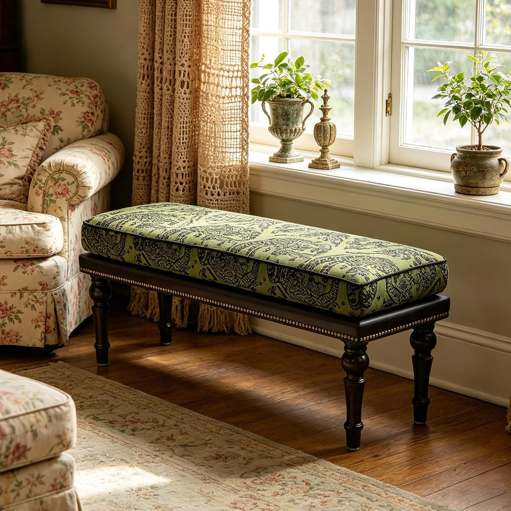 47" Upholstered Bed End Bench , Vintage Bed Bench | Vintage Solid Wood Bench with Detachable Washable Cover, Pattern