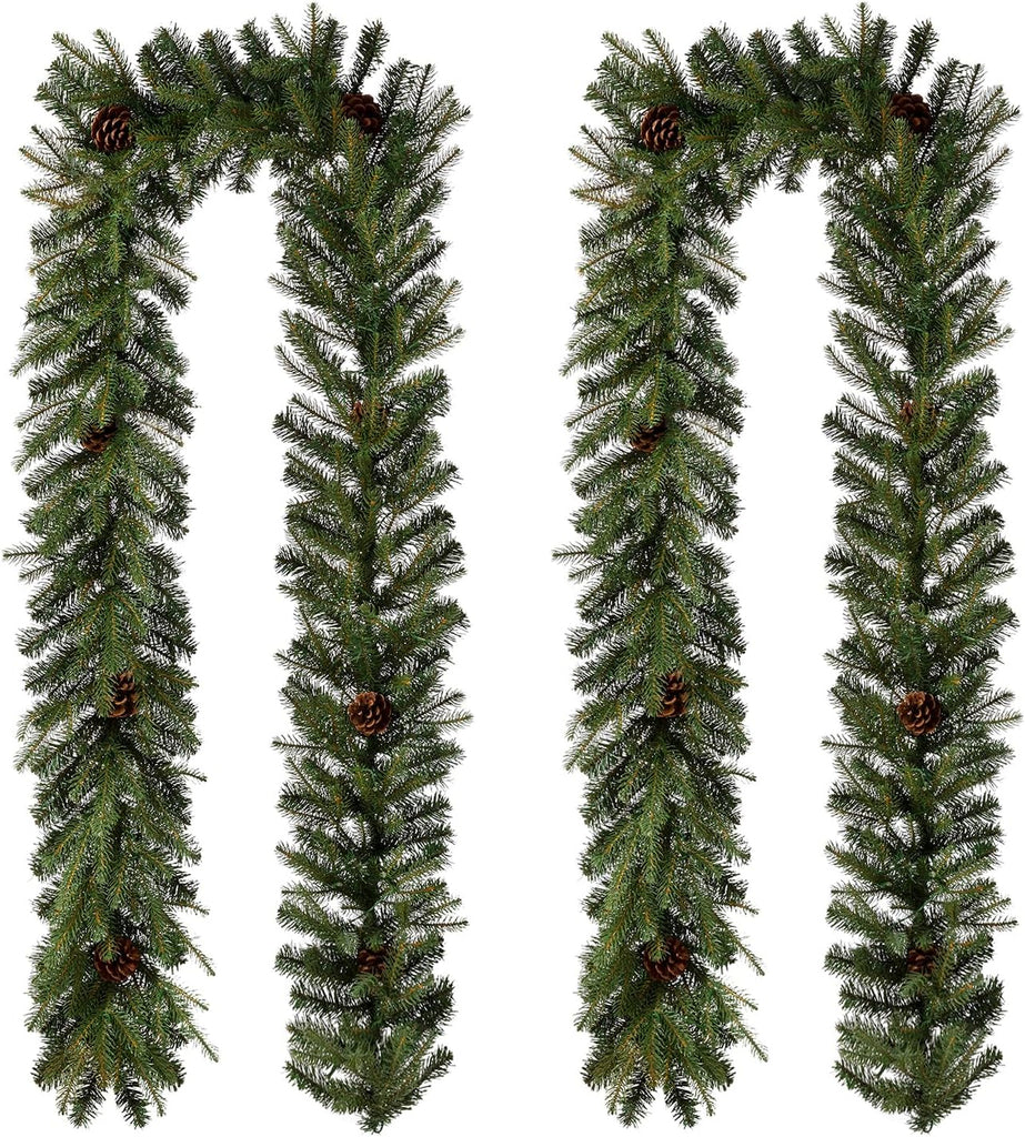 2PCS for Mantle, Prelit Greenery Garland Pine Cone Christmas Garland with Lights and Timer for Fireplace, Dining