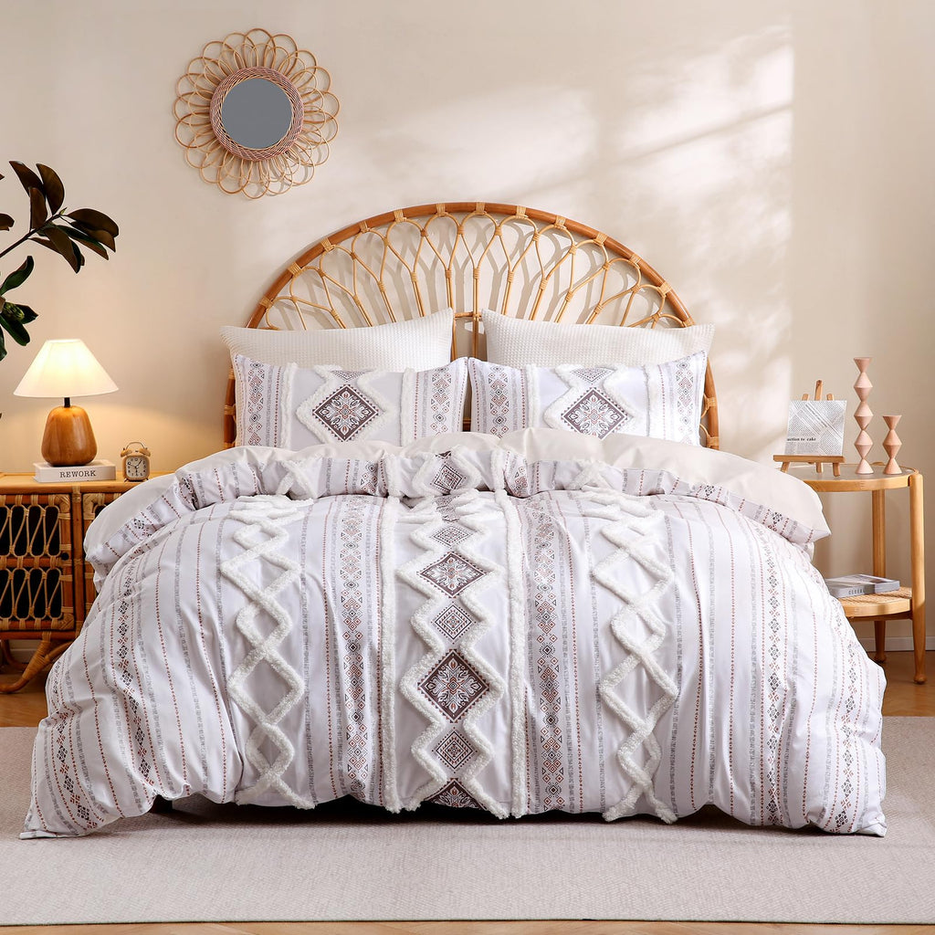 Light Brown 100% Cotton Boho Duvet Cover Set Queen Size, 3-Piece Tufted Textured Modern Boho Moroccan Bedding, Aztec