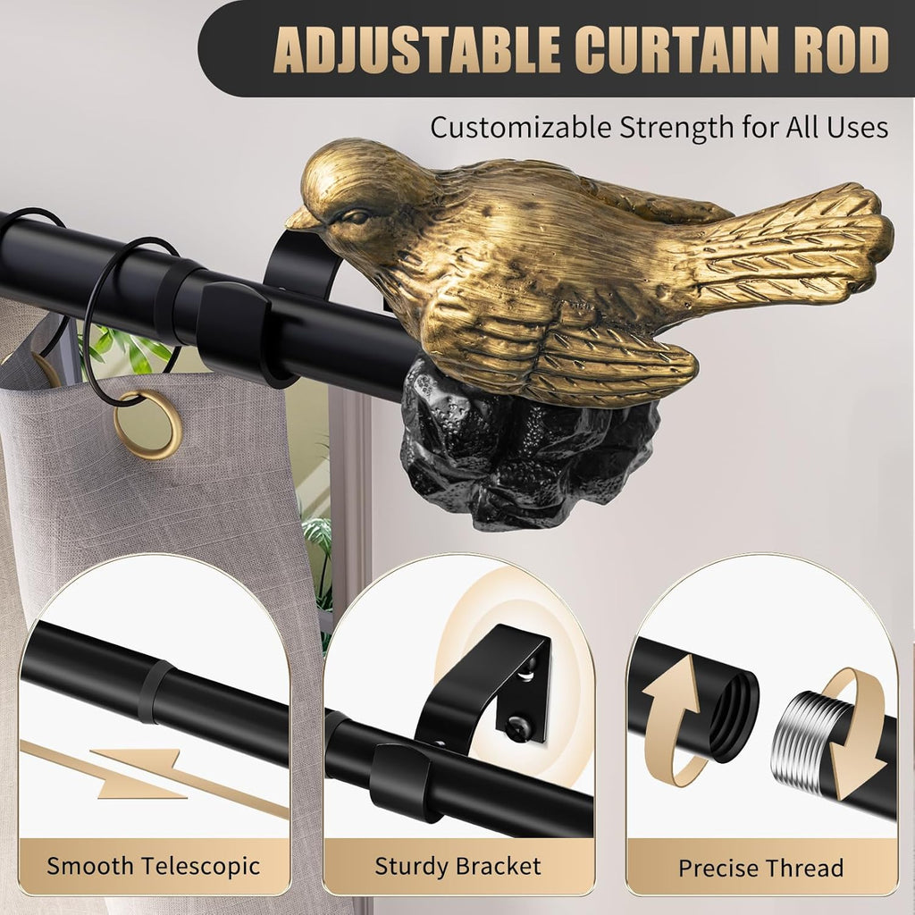 Vintage Black Curtain Rod Curtain Rods for Windows Adjustable Heavy Duty Drapery Rod with Gold Bird