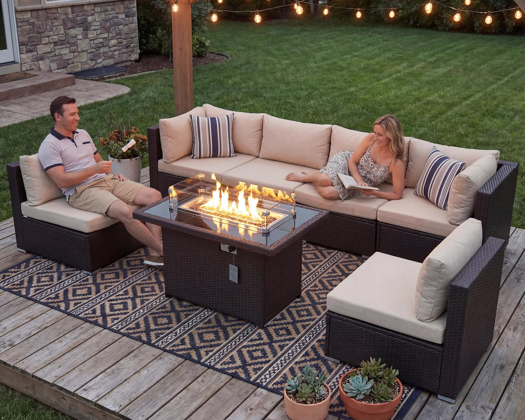 7 Piece Outdoor Patio Furniture Set with Fire Pit Table Natural Gas & Propane Convertible, 29.3'' High Backrest Deep