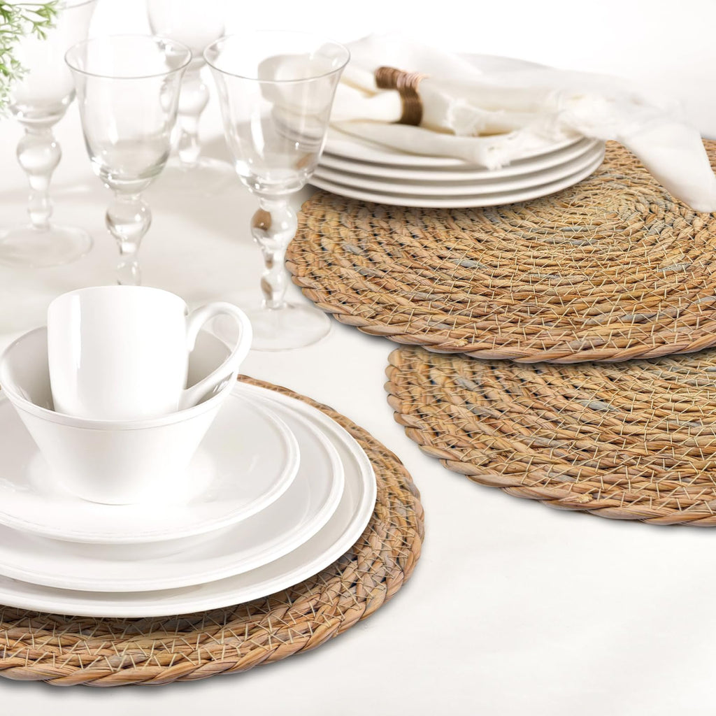 Round Woven Placemats Set of 4, with 72 Inches Long Farmhouse Macrame Table Runner Burlap Cotton Linen Table Runners
