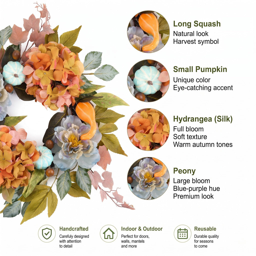 DecorbyHannah 18'' Fall Wreath for Front Door with Lights & Peony Hydrangea