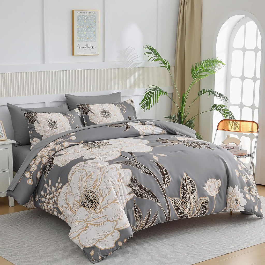 Luxudecor Floral King Comforter Set 7 Pieces Bed in a Bag, White Flower Print on Grey Bedding Set