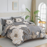 Luxudecor Floral King Comforter Set 7 Pieces Bed in a Bag, White Flower Print on Grey Bedding Set