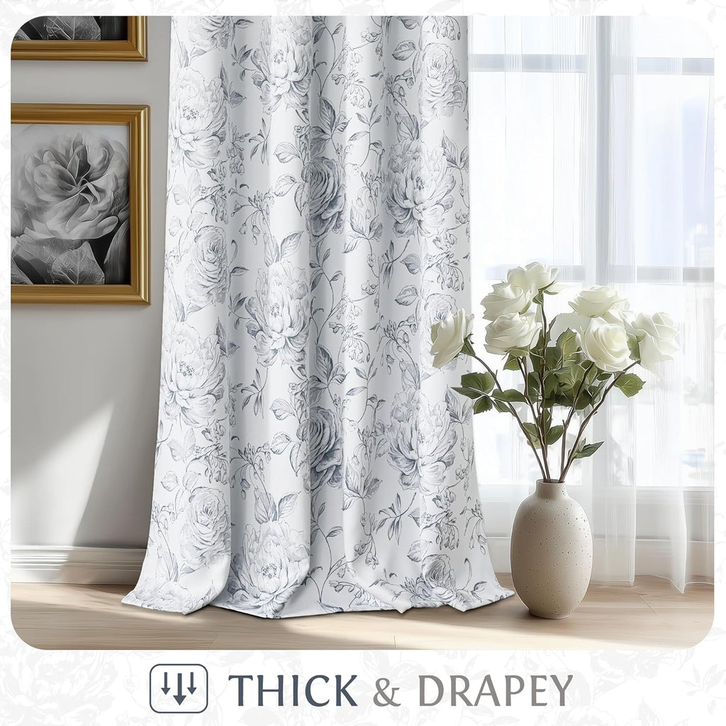 Floral 100% Blackout Curtains 84 Inches Long 2 Panels for Bedroom Living Room Grey White Farmhouse Rose Flower