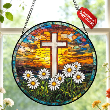 Cross Stained Glass Christian Window Hanging Religious Gift