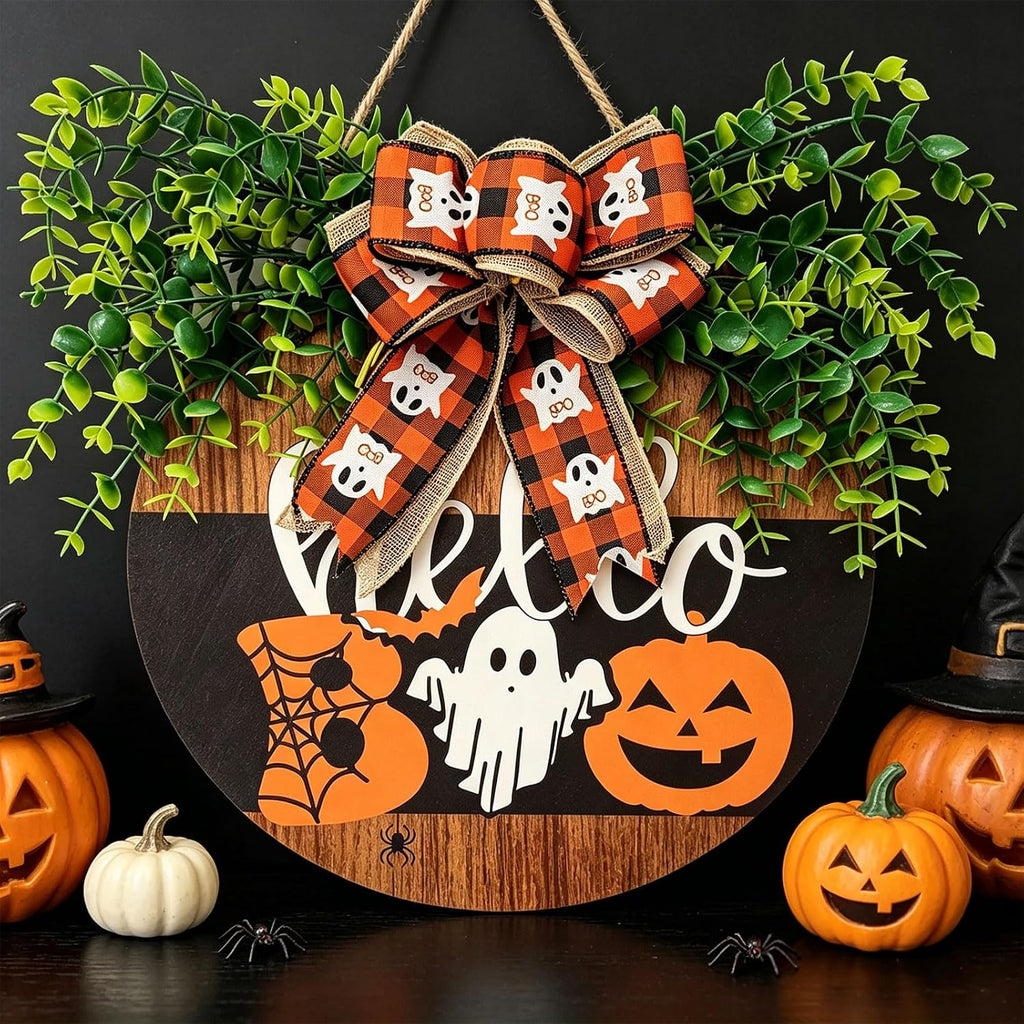 Halloween Boo Wreath Round Decorative Sign with Ghost and Pumpkin