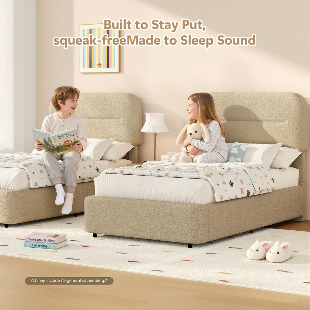 Twin Boucle Bed Frame, Beige Twin Upholstered Bed Frame