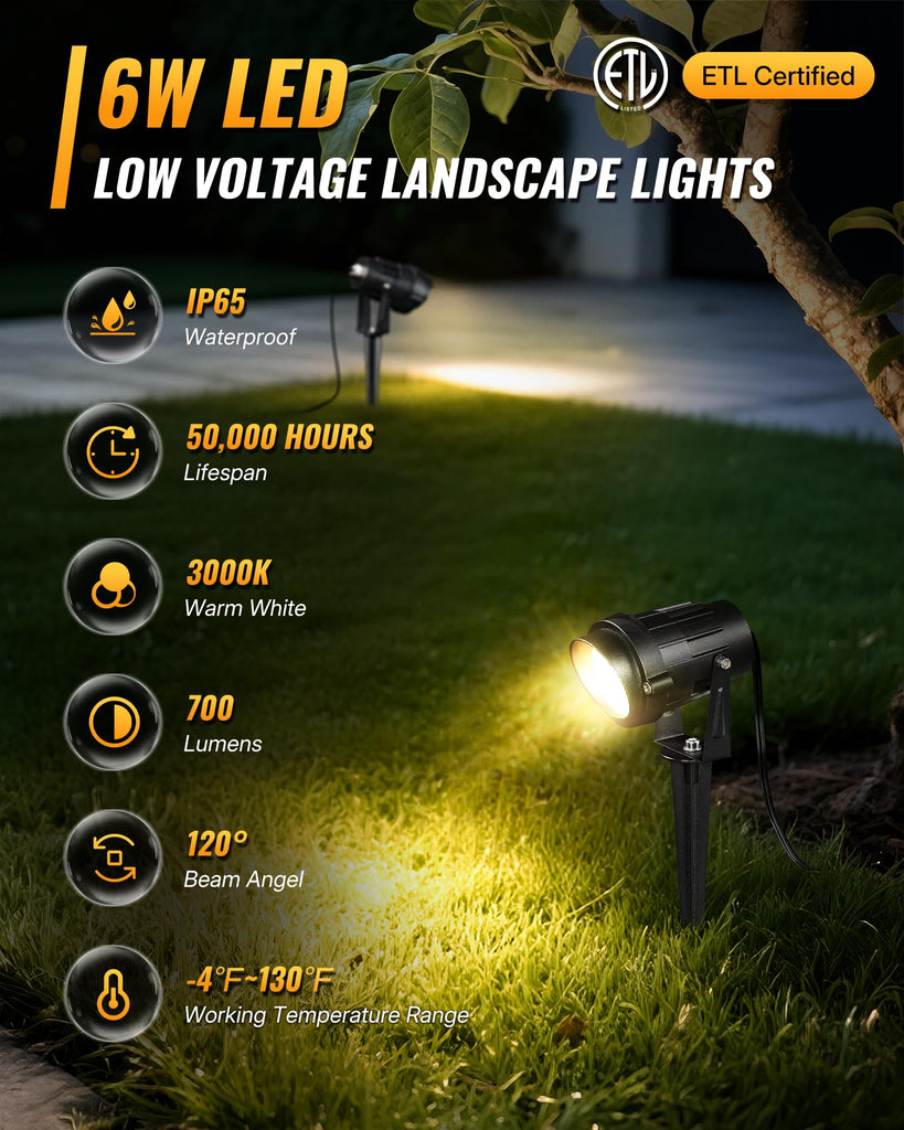 6W 700LM Low Voltage Landscape Lighting, 12V AC/DC 3000K Warm White LED Low Voltage Landscape Lights, IP65 Waterproof