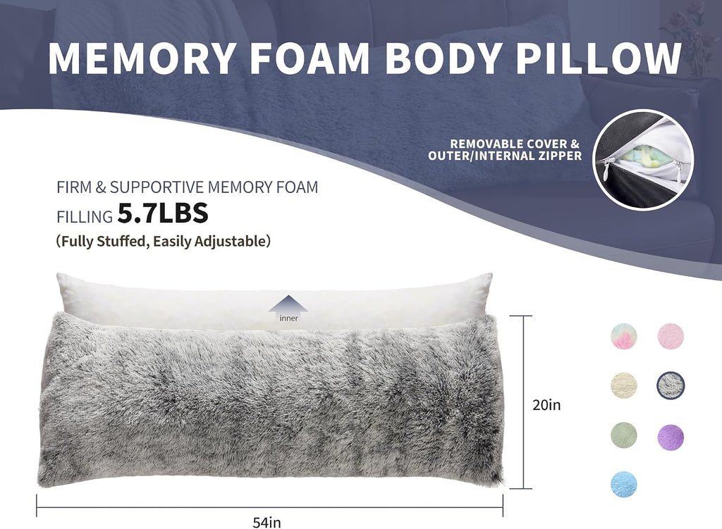 Fluffy Full Body Pillow, Long Pillow for Sleeping,Dark Gray 20x54 | Large pillow, Removable Cover and Filling with